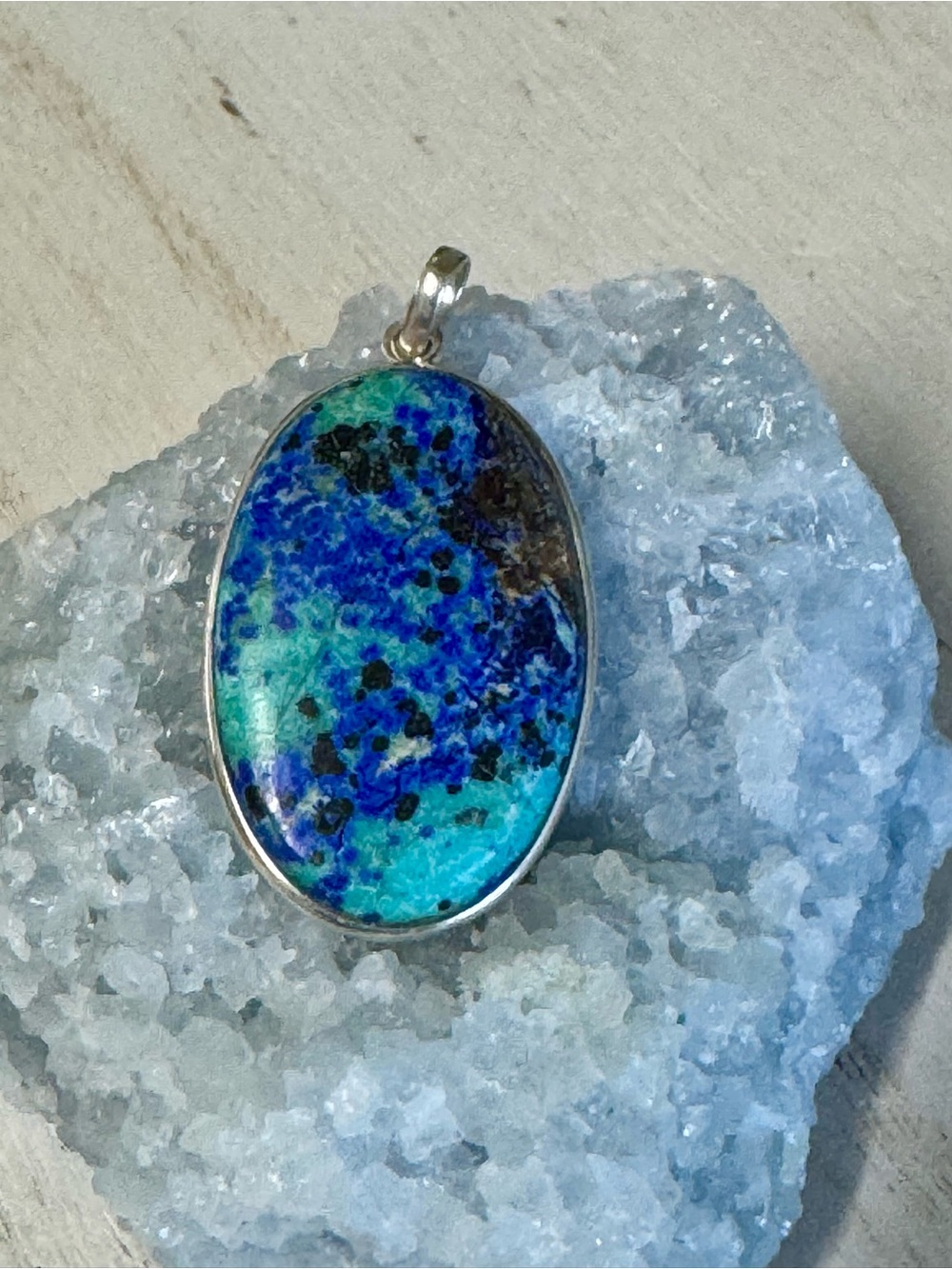 Bluebird Azurite Sterling Silver Oval Gemstone Pendant - Green Blue